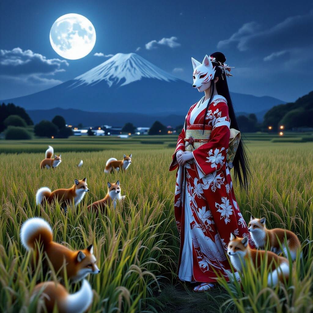 Ethereal Inari Goddess by Mount Tsukuba at Night
