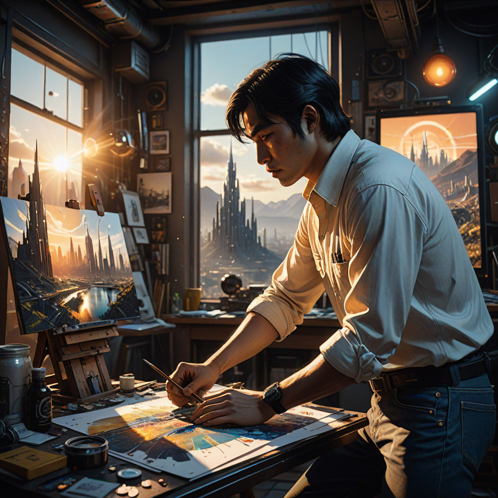 Cinematic Manga Cityscape Painting in a Cluttered Studio