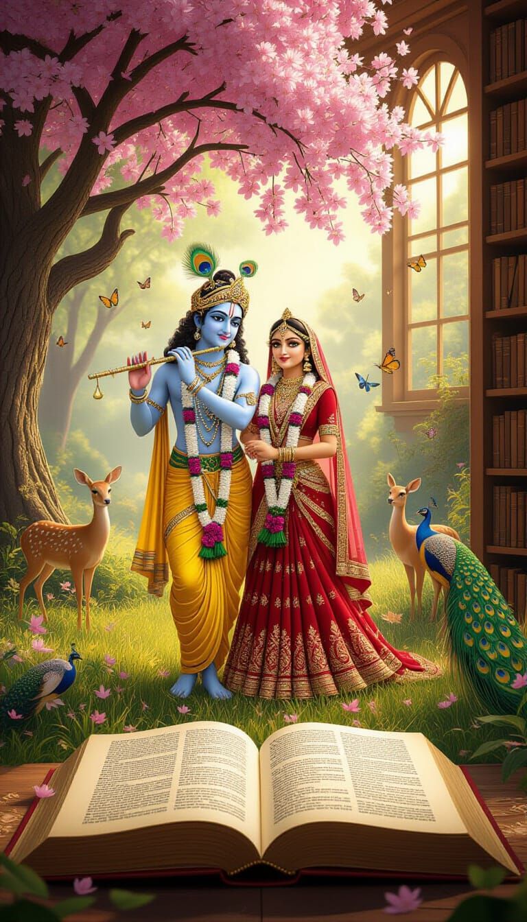 Radha Krishna in Lush Forest Glade, Anime Style