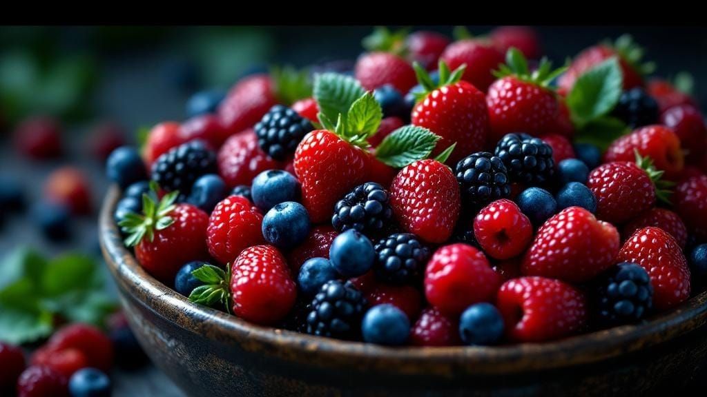 Hyperrealistic Bowl of Berries in Vibrant Colors