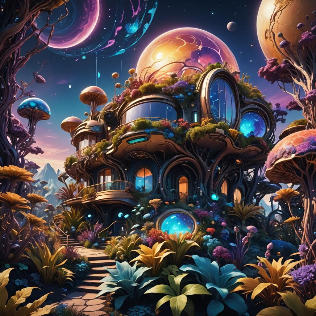 Alien Planet: Futuristic House and Glowing Garden