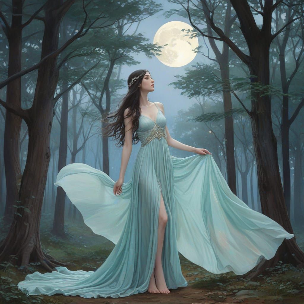 Ethereal Elven Princess in Moonlit Art Nouveau Forest