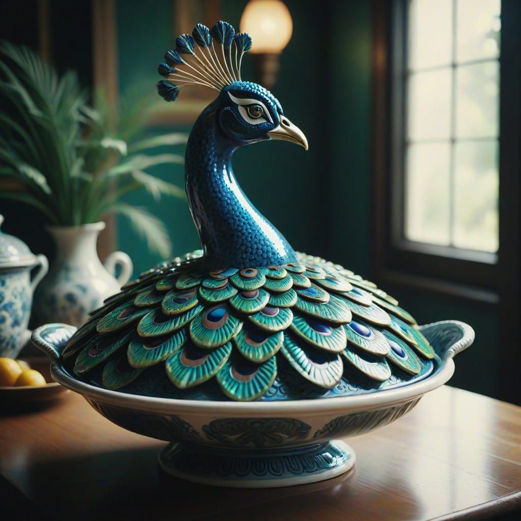 Surreal Ceramic Peacock Tureen in Cinematic Film Style