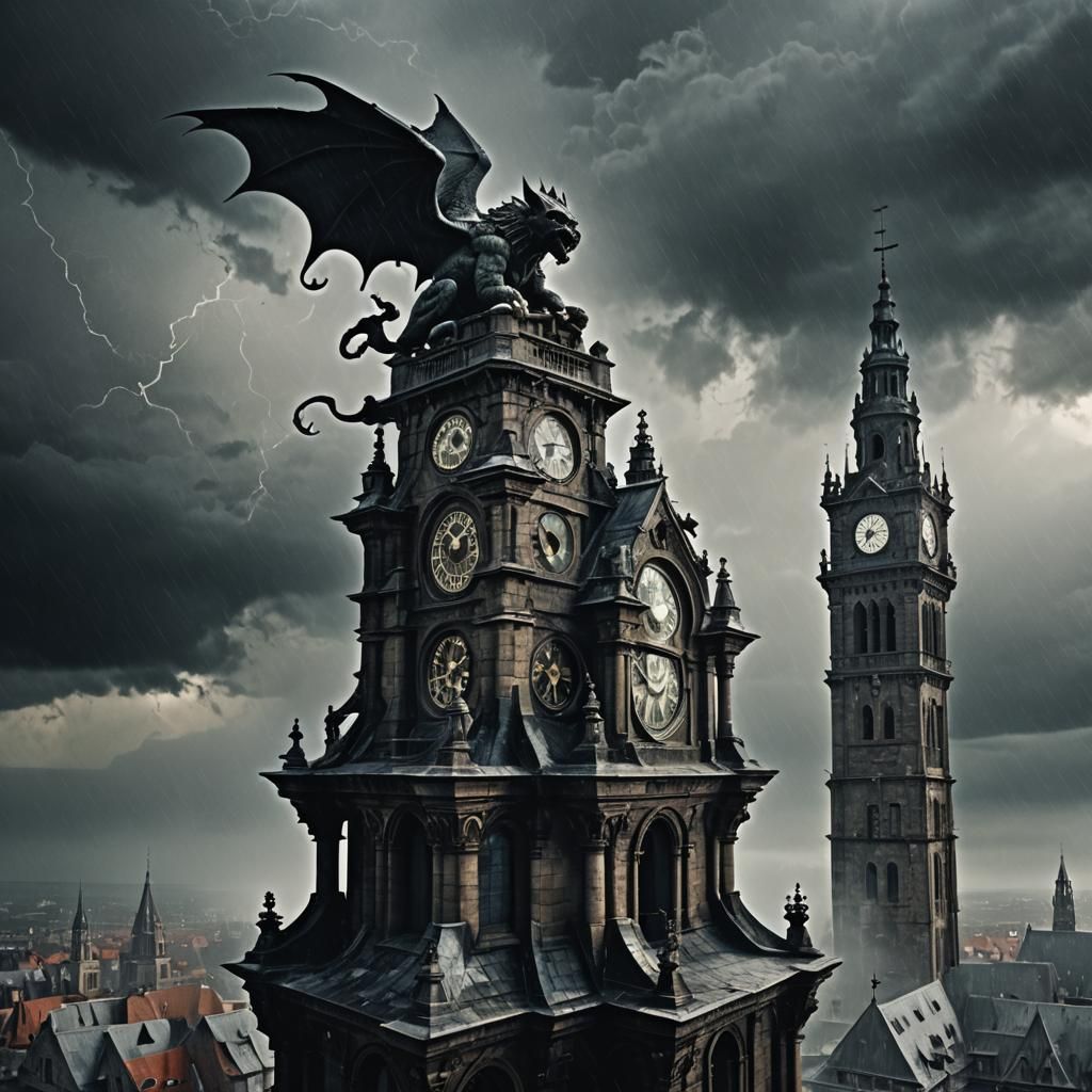 Gothic Gargoyle Clock Tower in Stormy Weather