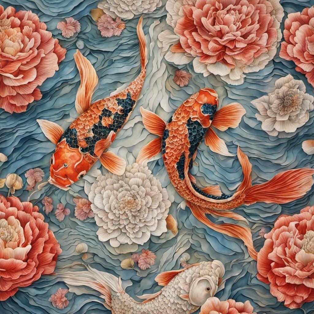 Colorful Koi Fish Painting Made of Flowers