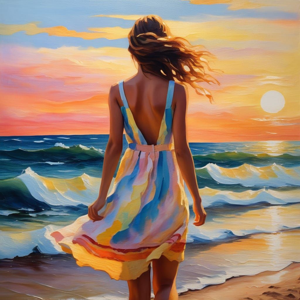 Impressionist Lady Walking Towards Sunset Sea