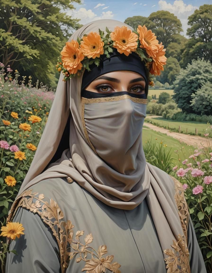 Niqabi Woman Portrait with Flower Wreath, Oil Painting