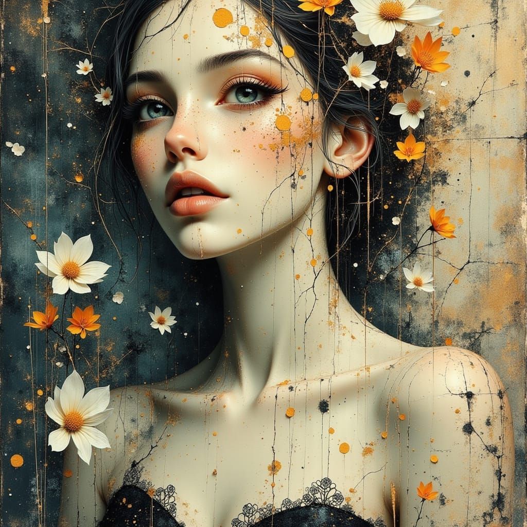 Woman with Flower Face Amidst Glitch Art and Watercolor Text...