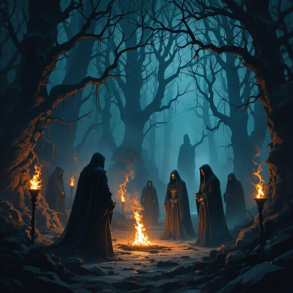 Blood Oath Ceremony in Torch-Lit Forest with Ancient Spirits