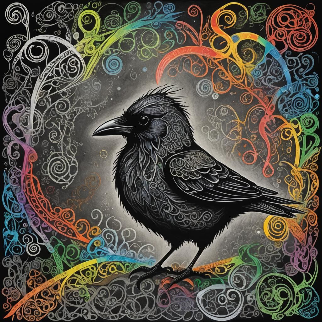 Celtic Raven Silhouette in Crayon Style