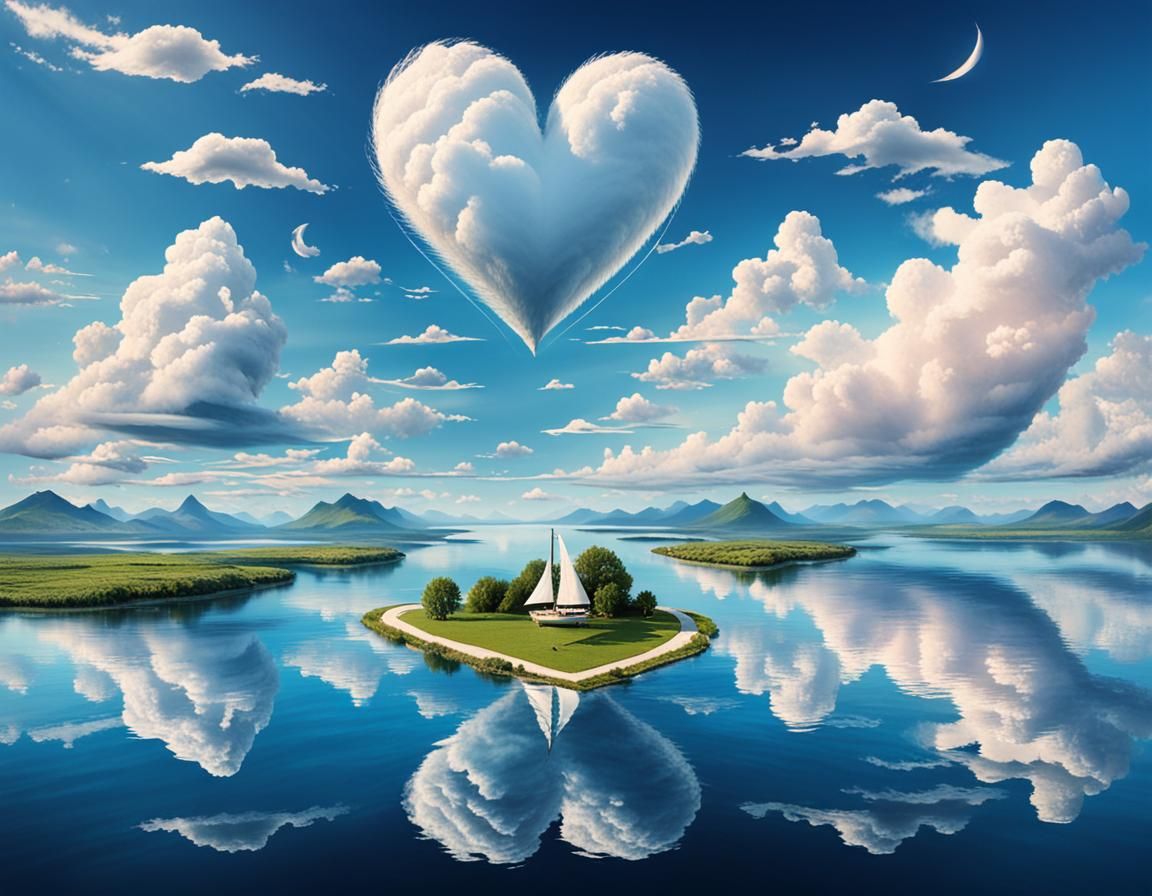 Heart-Shaped Islands and Clouds in Dreamy Landscape