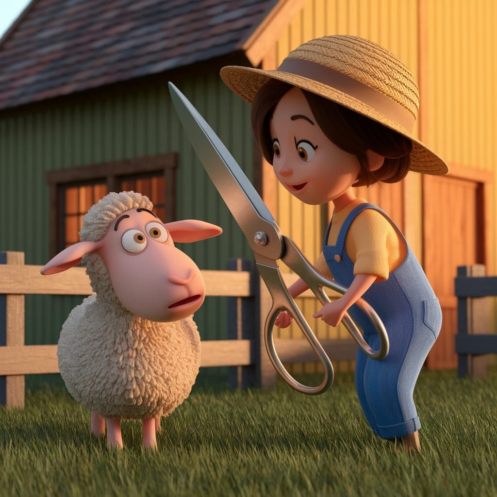 Nervous Sheep's First Haircut: Pixar-Style 3D Render