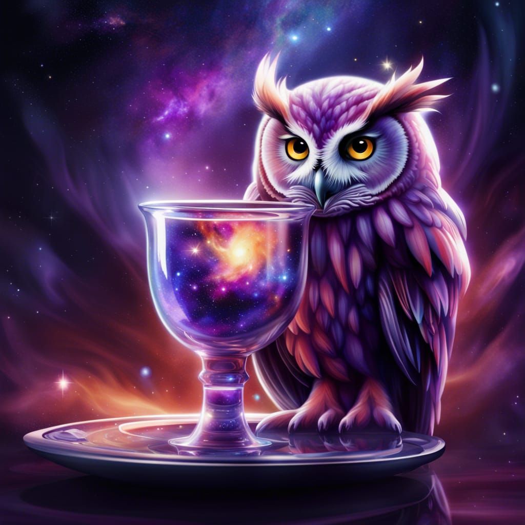 Galactic Owl in Glass Cup: Anne Stokes Style
