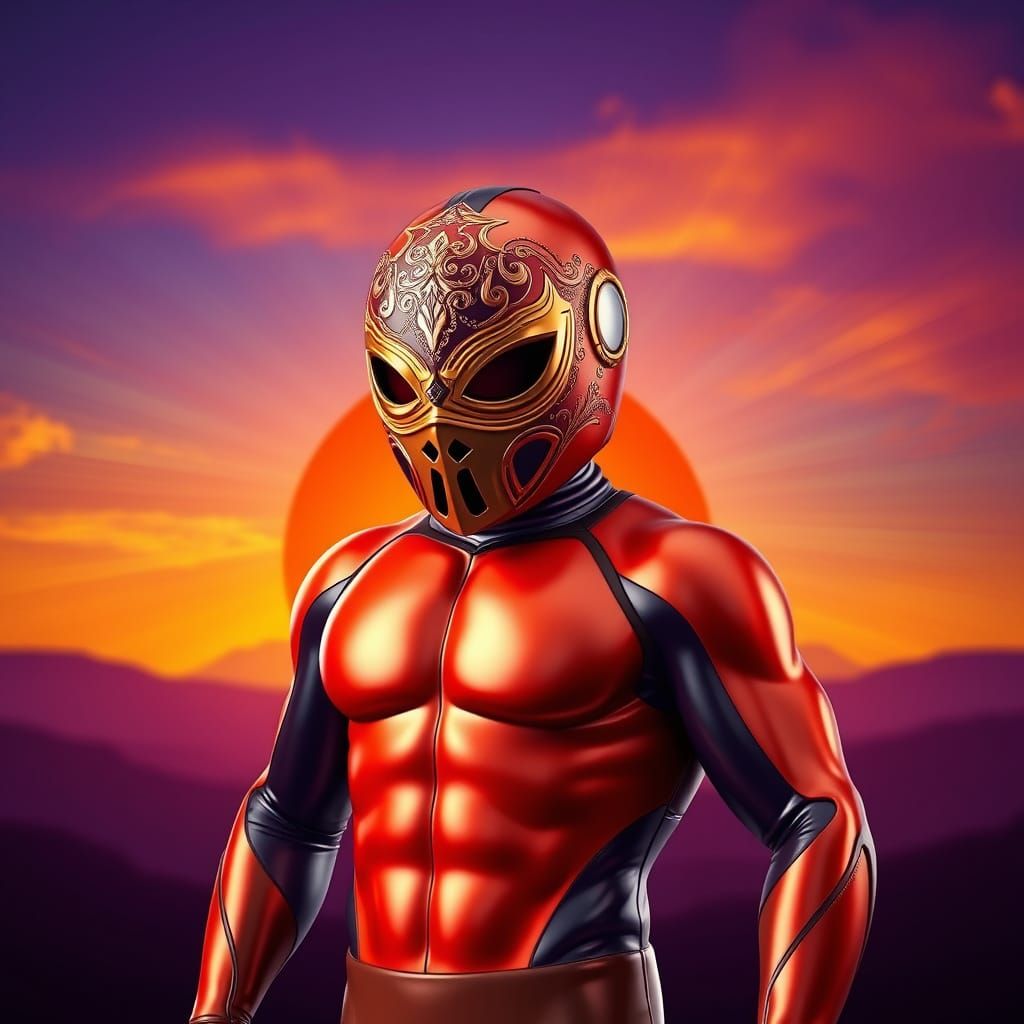 Heroic Luchador in Vibrant Sunset Landscape