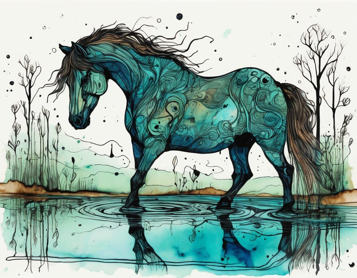 Whimsical Surrealist Stallion at Deserted Pond