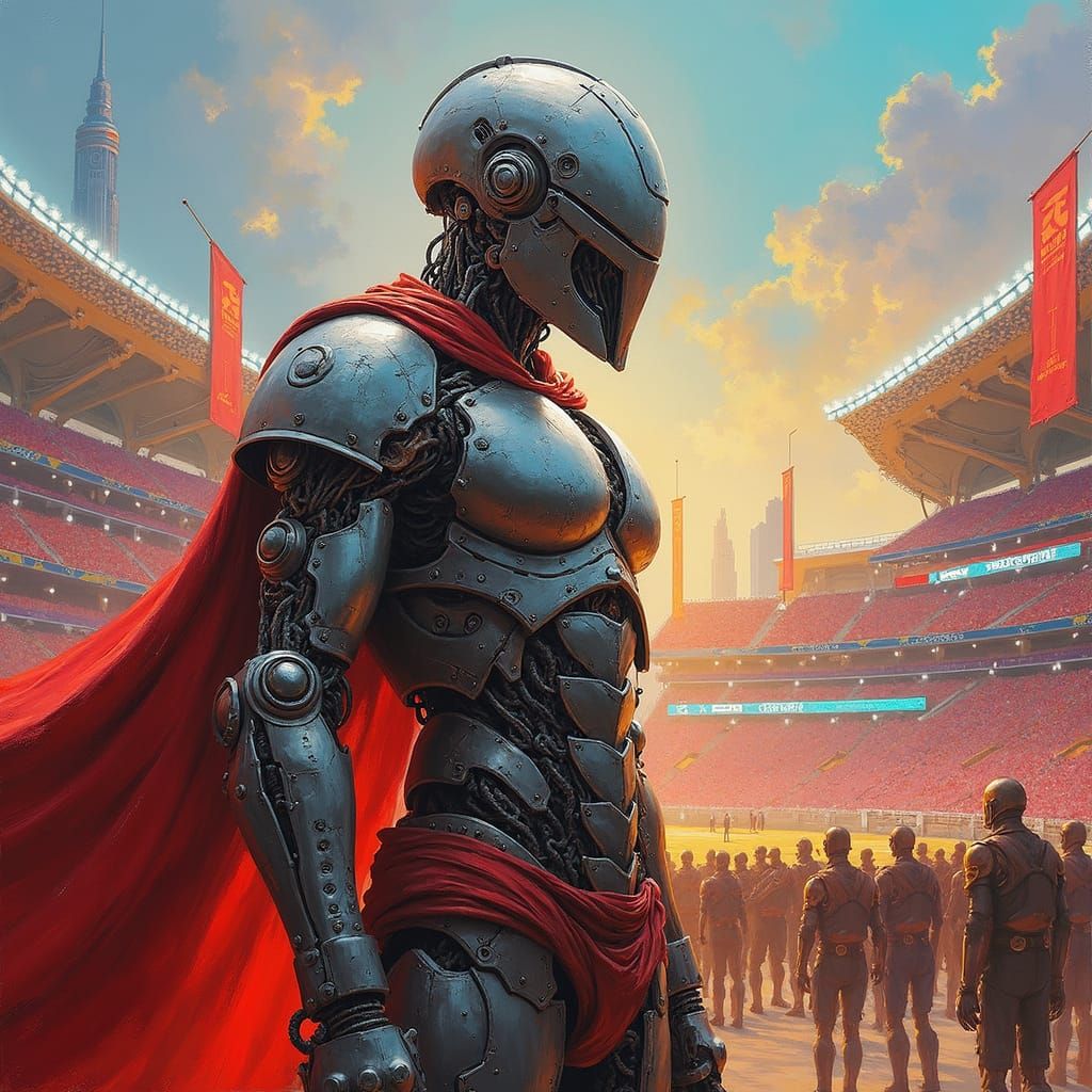 Cyborg Gladiator in Futuristic Arena, Impasto Oil Painting