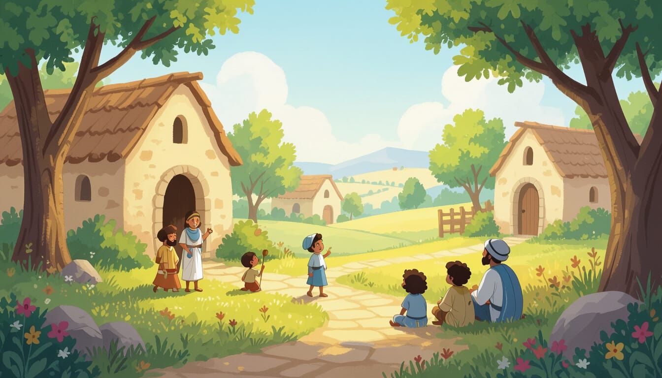 Peaceful Israelite Village Children's Storybook Illustration