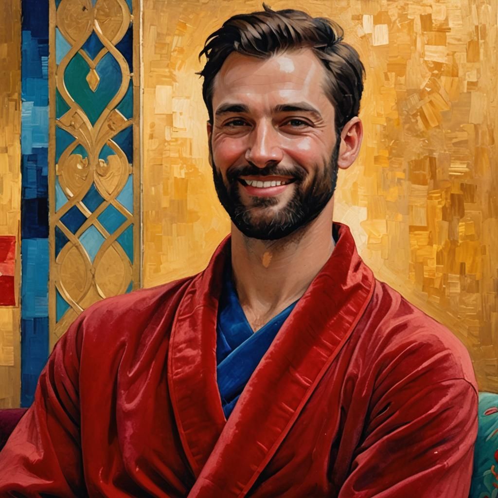 Smiling Man in Velvet Bathrobe: Neo-Impressionist Oil Painti...