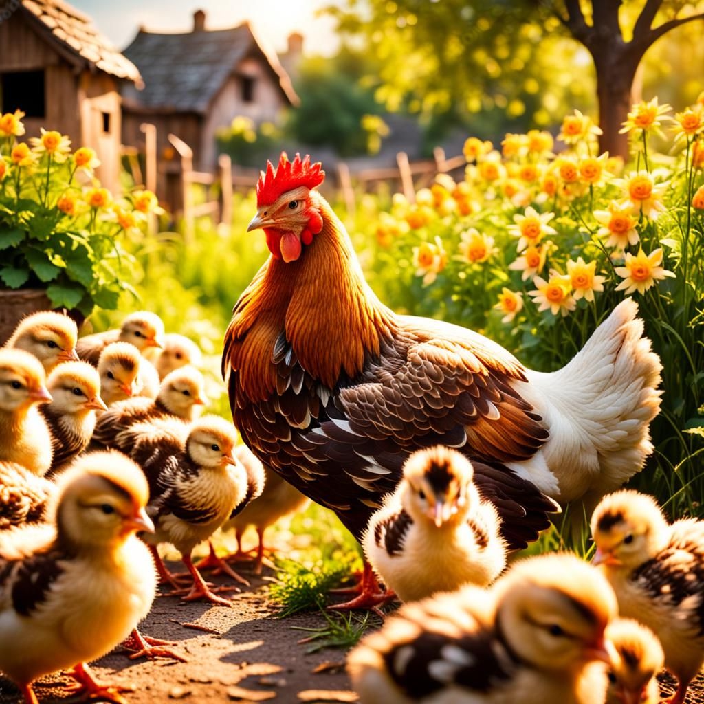 Mother Hen and Chicks in Village: Natural Photography