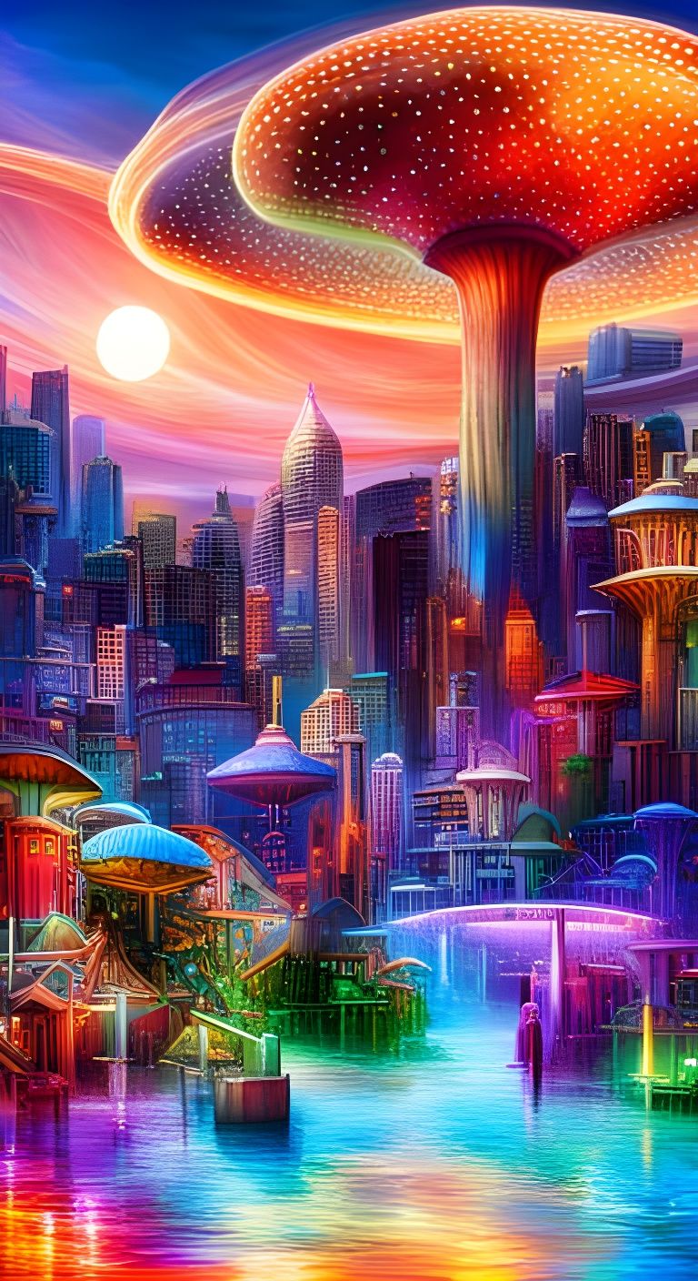 Futuristic Mushroom City with Glowing Lights