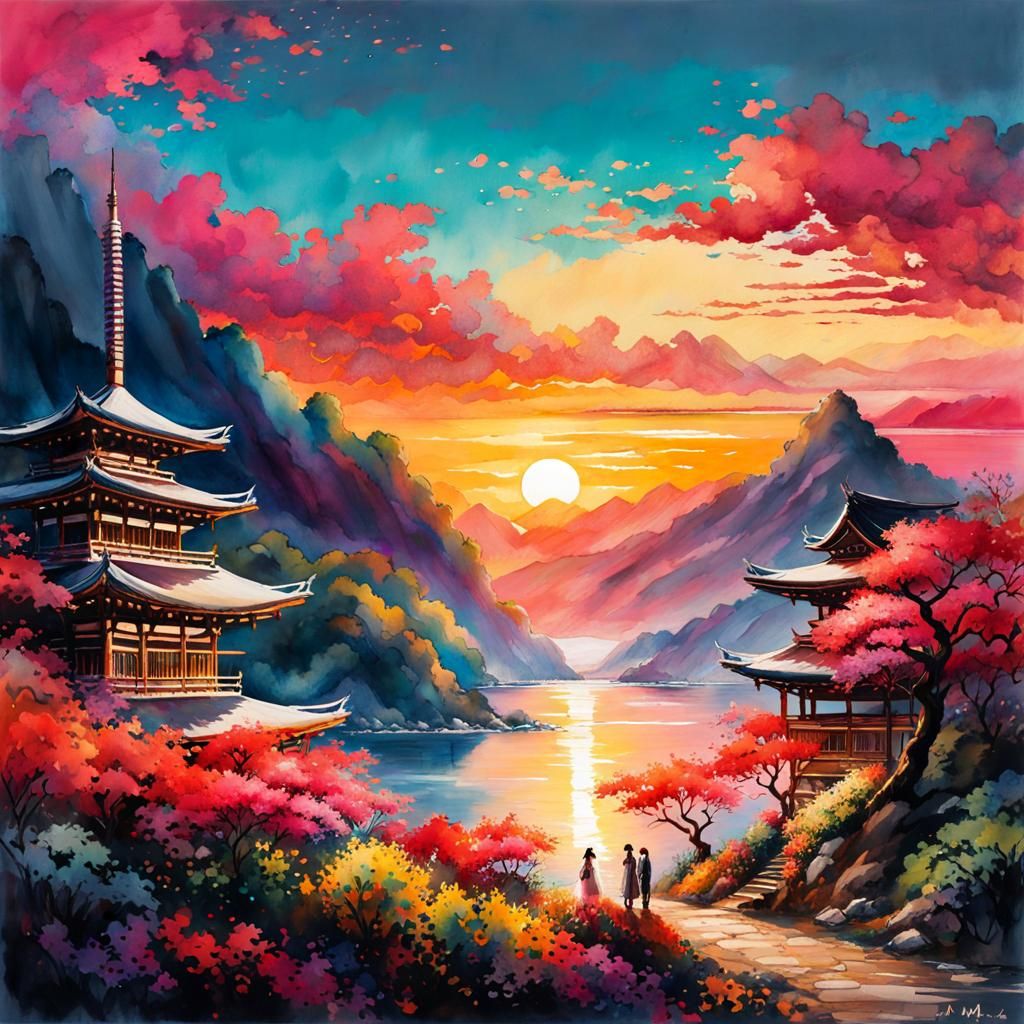 Cinderella in Watercolor Summerscape Sunset Portrait