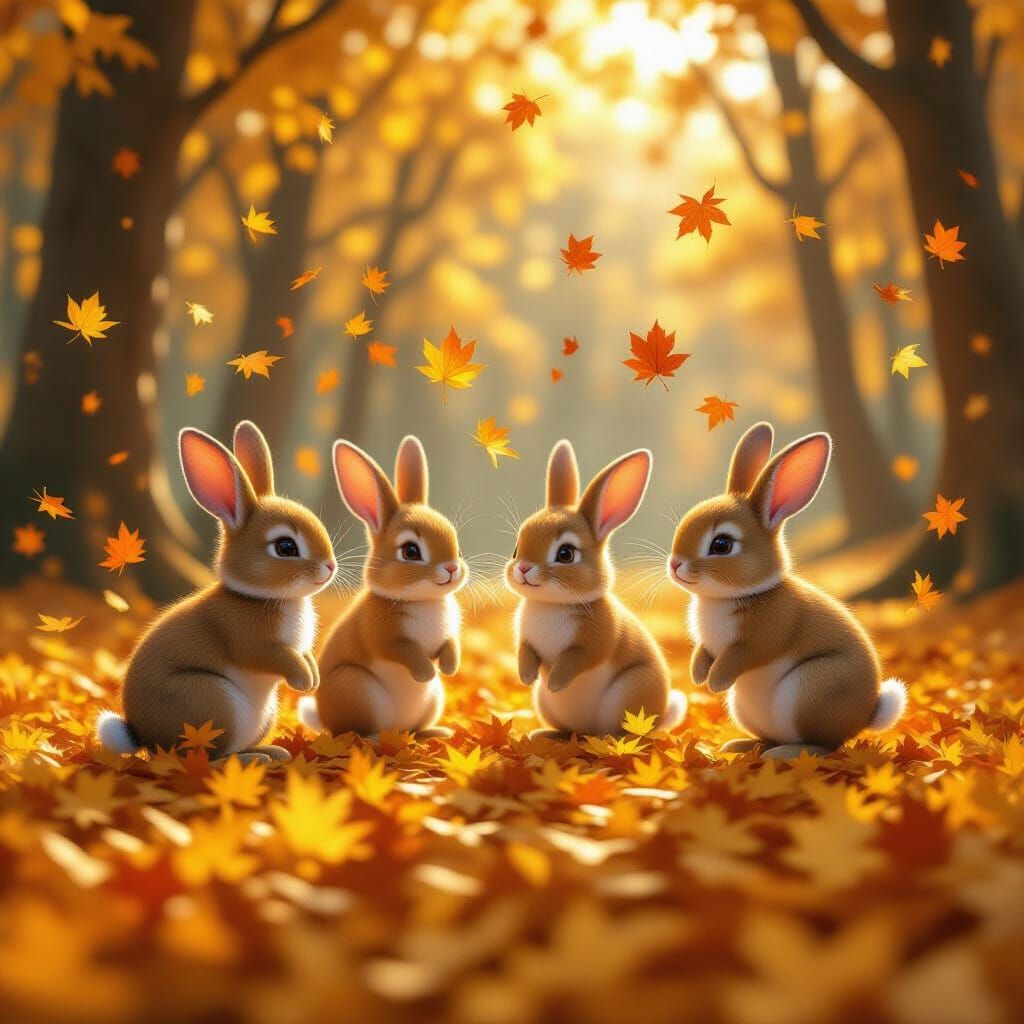 Adorable Rabbits Play in Sun-Dappled Autumn Forest