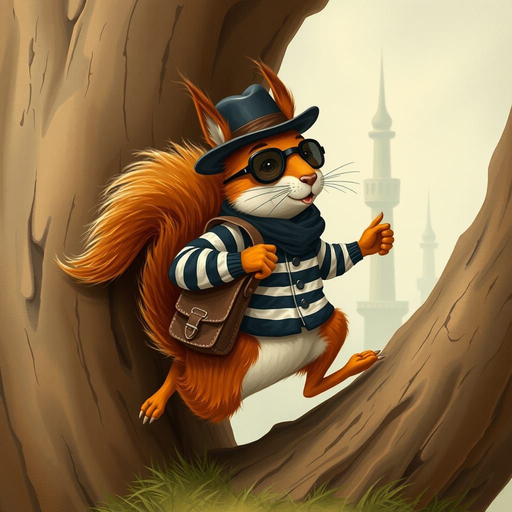 Squirrel Robber Running Up Tree, Whimsical Illustration