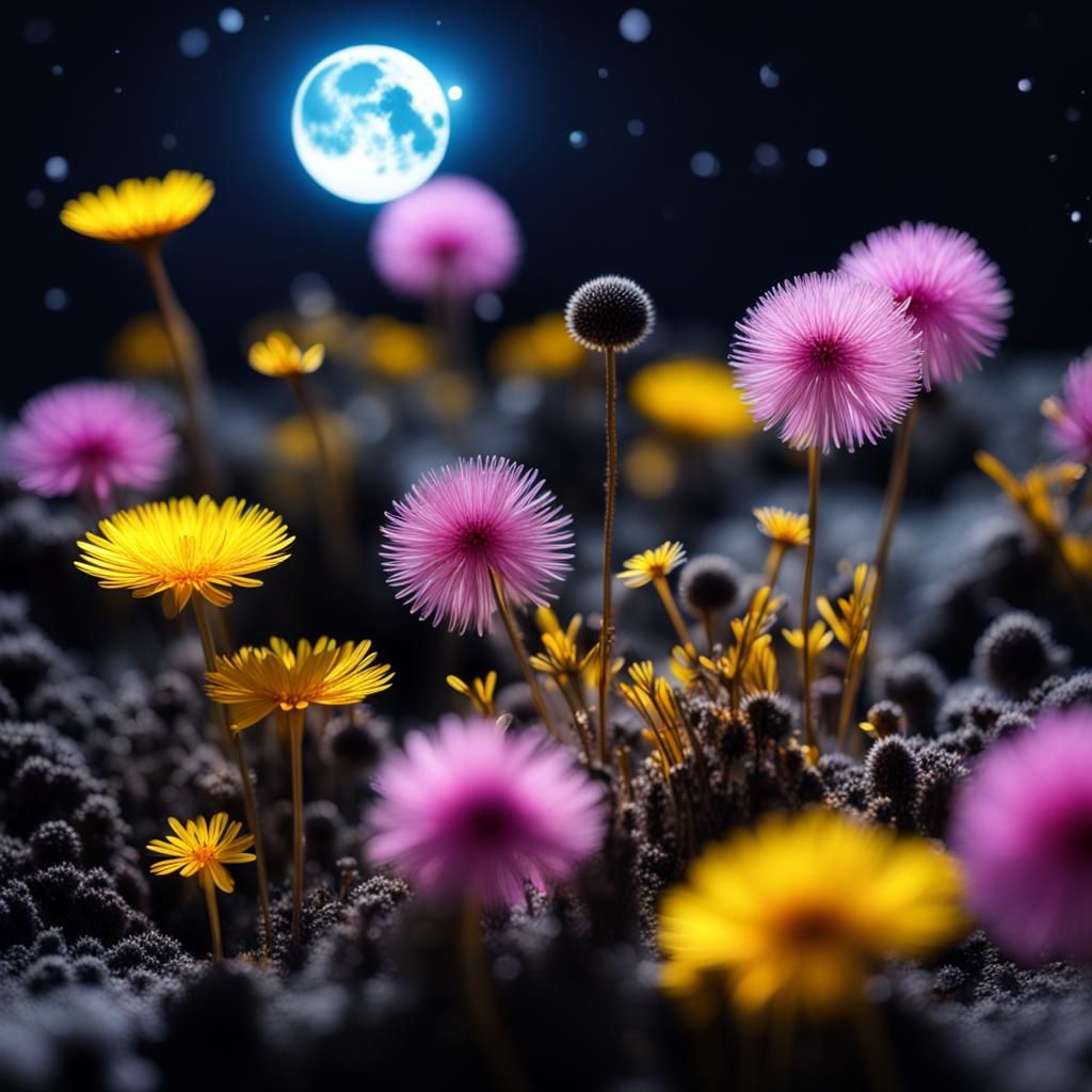 Glowing Flowers on the Moon in 3D Diorama