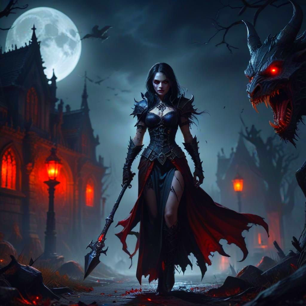 Gothic Vampire Huntress Stalking Innocent Child Under Full M...