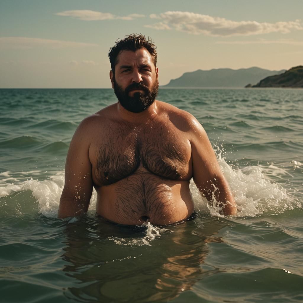 Overweight Italian Man Bathes in Sea: Cinematic Still