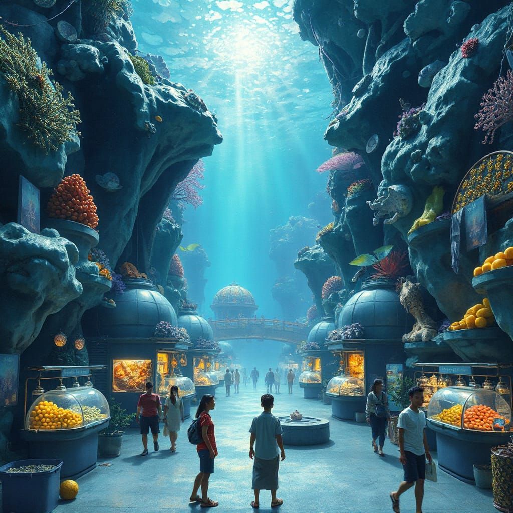 Bustling Underwater Marketplace with Bioluminescent Lighting