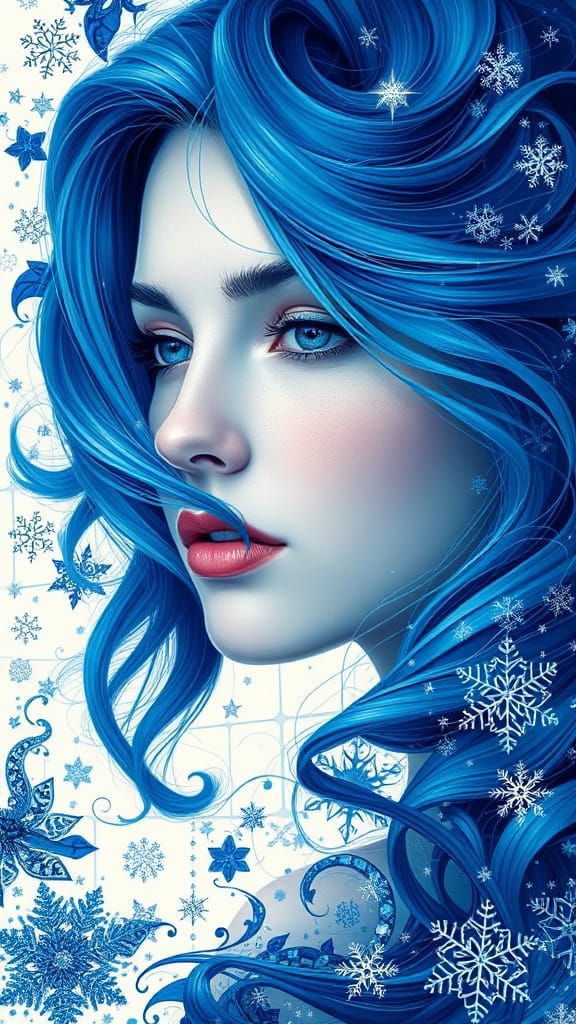 Surreal Goddess with Celestial Blue Hair in Fractal Patterns