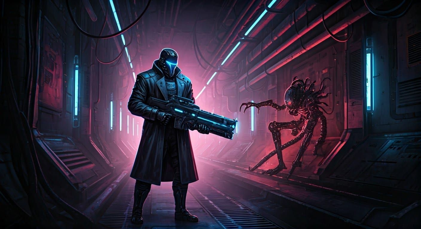 Cyberpunk Warrior in Neon-Lit Industrial Corridor
