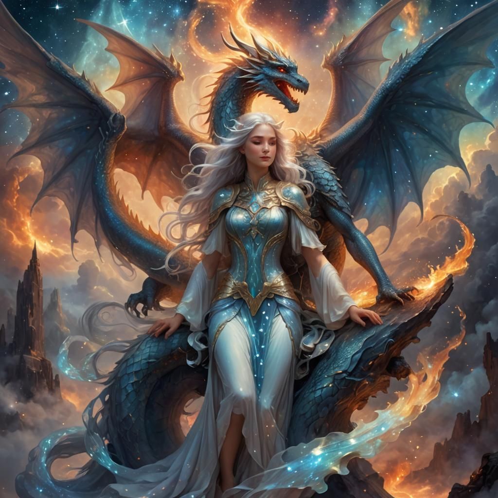 Angel and Dragon in Starry Nebula