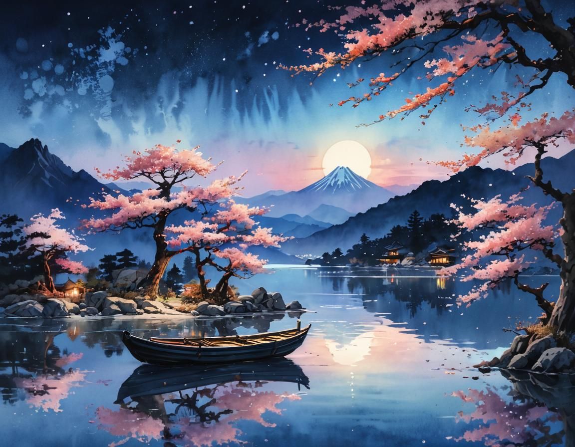 Watercolor Asian Landscape with Mountains and Lake