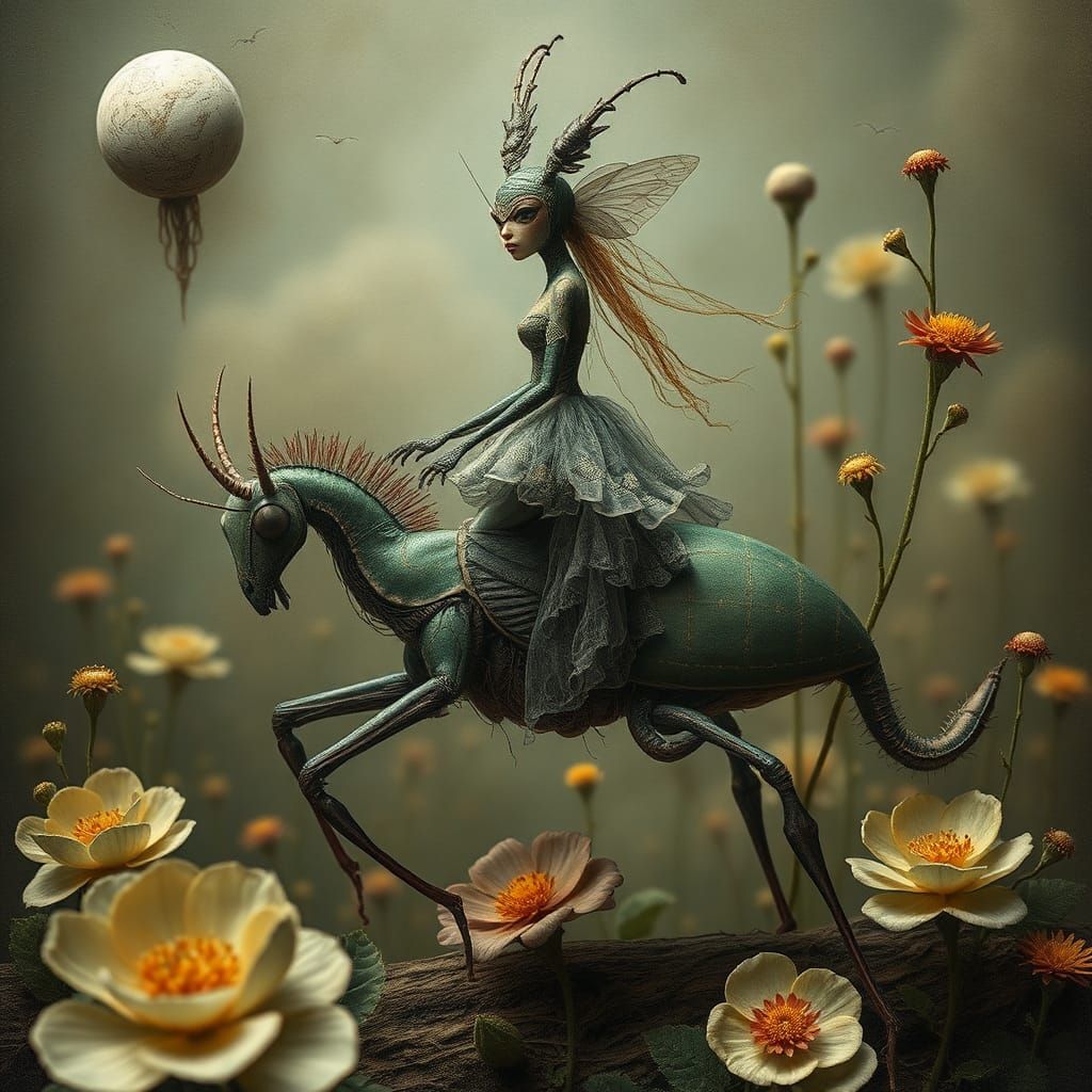 Surreal Being Rides Mantis Hybrid in Distorted Space