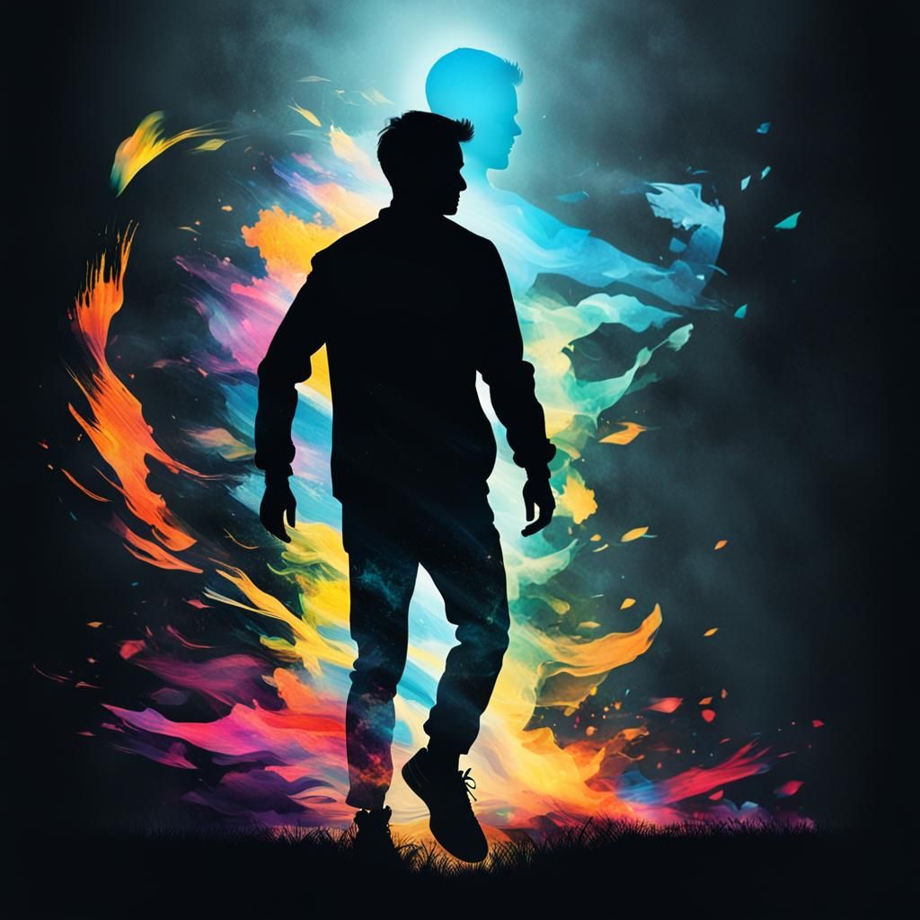 Silhouette Escaping Dark Thoughts Toward Bright Future