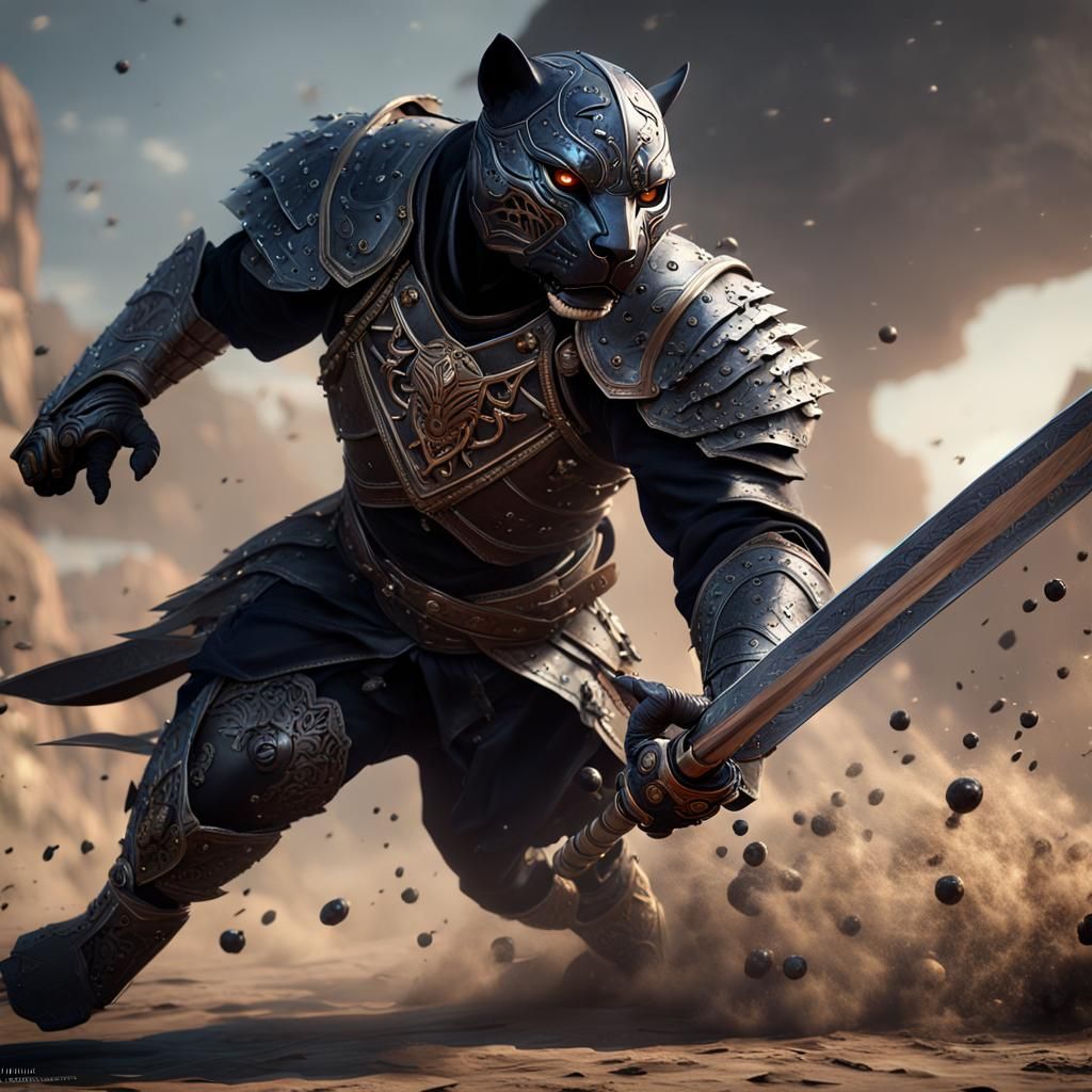 Dark Panther Warrior on Battlefield, Hyperdetailed Fantasy A...
