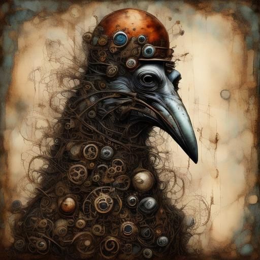 Steampunk Metal Bird Illustration with Geometric Shapes