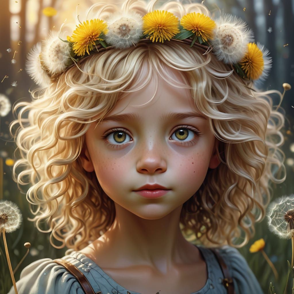 Whimsical Girl with Wild Hair, Surrounded by Dandelion Fluff...