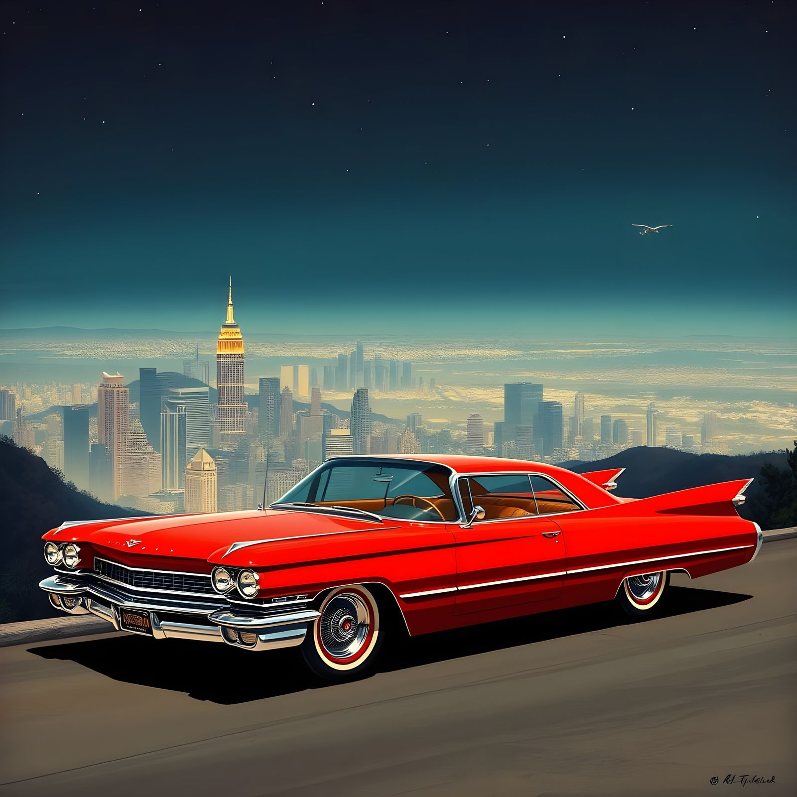 1960 Cadillac Fleetwood Overlooking Retro Metropolis