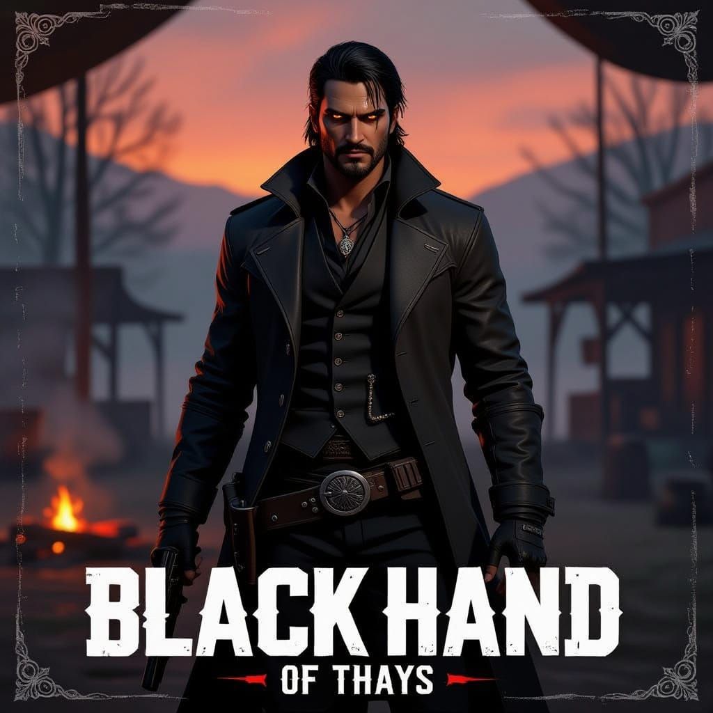 Indian Gunslinger in Misty Western Camp at Dawn