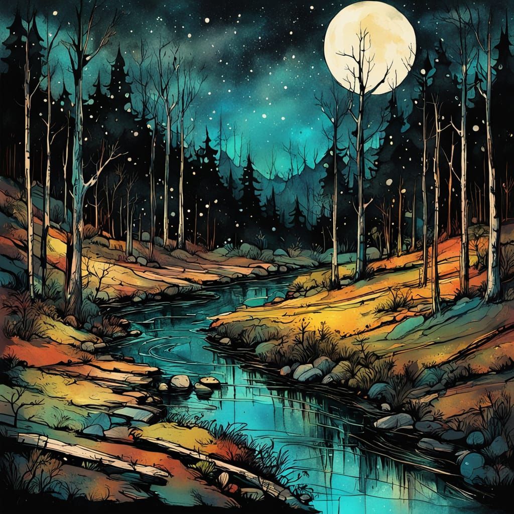 Moody Forest Nightscape with Stream in Alcohol Ink Style