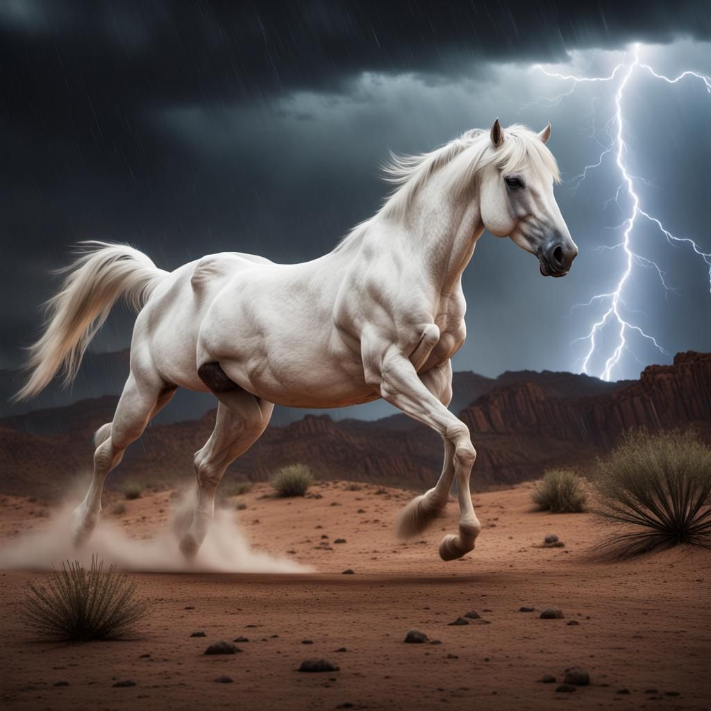 White Mare in Desert Rain: Cinematic Digital Painting