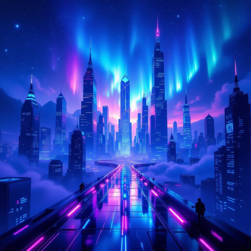 Surreal Sci-Fi City Skyline with Cosmic Auroras