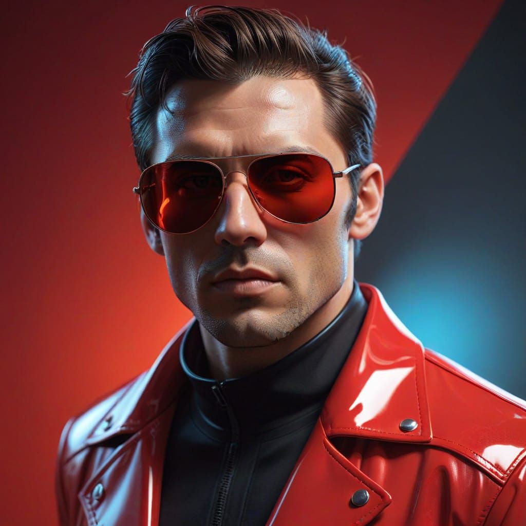Hyperrealistic Portrait in Red, with Futuristic Jacket and A...