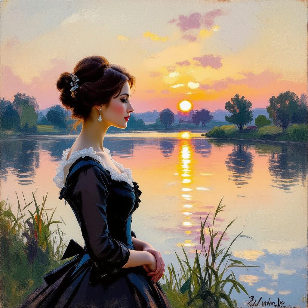 Woman by Lake: Impressionist Encaustic Wax Painting