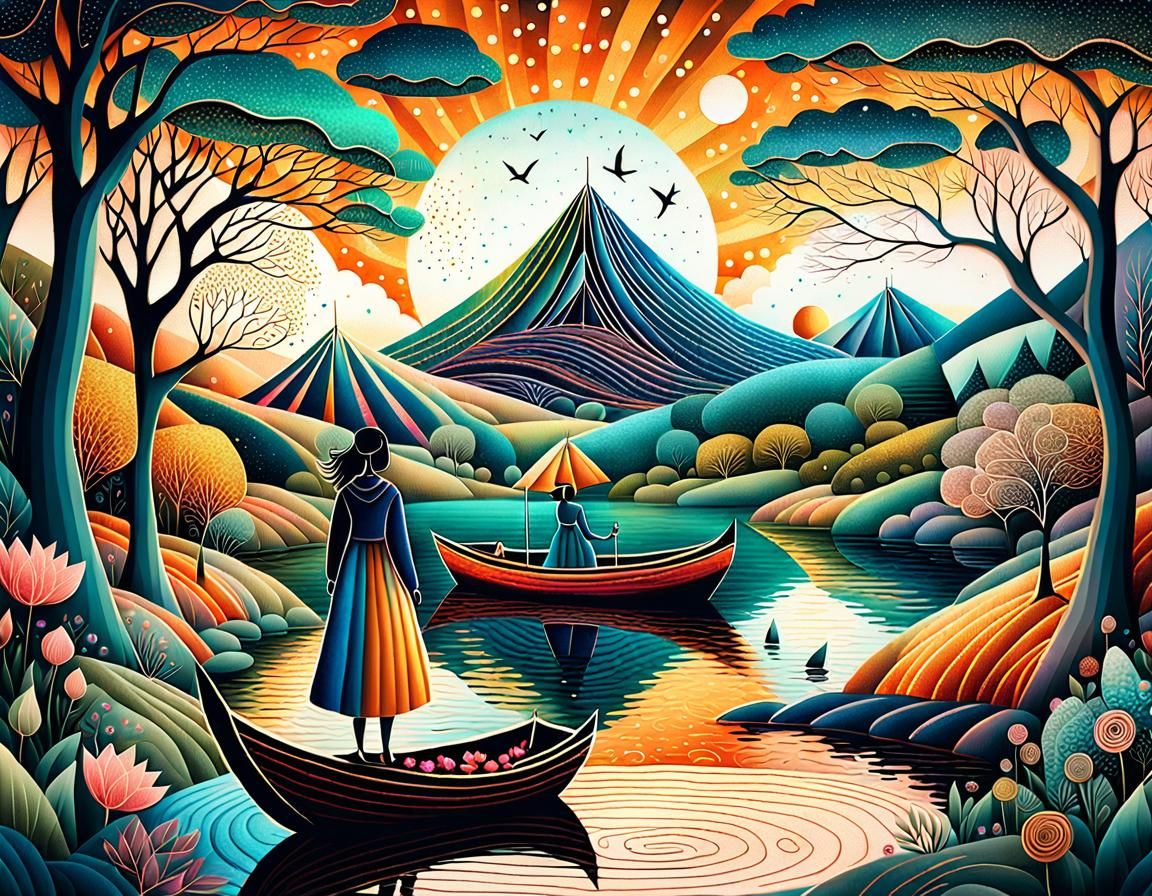 Dreamlike Sunset Scene in Art Brut Style