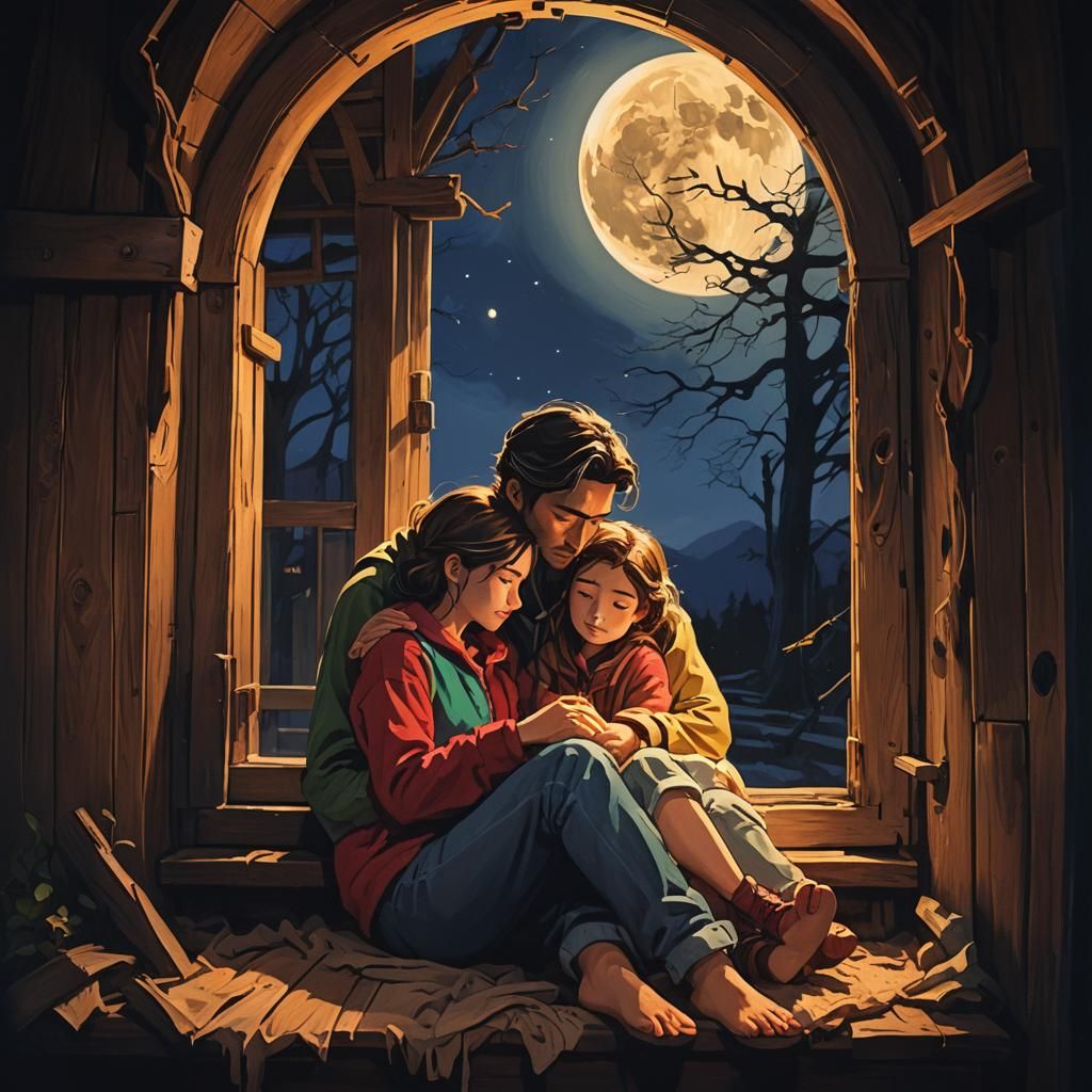Family Gazing at Moon in Splash Art Style