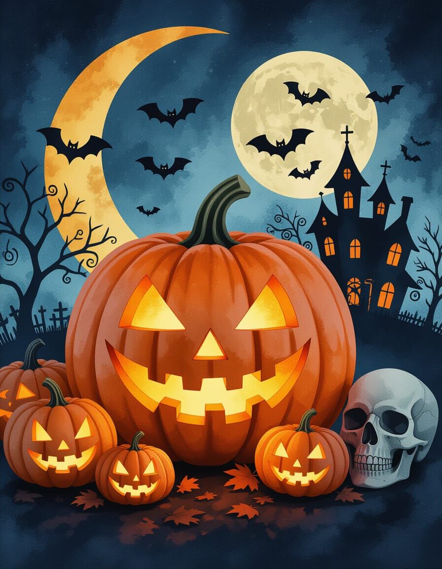 Halloween Jack-o'-Lantern with Bats and Haunted House